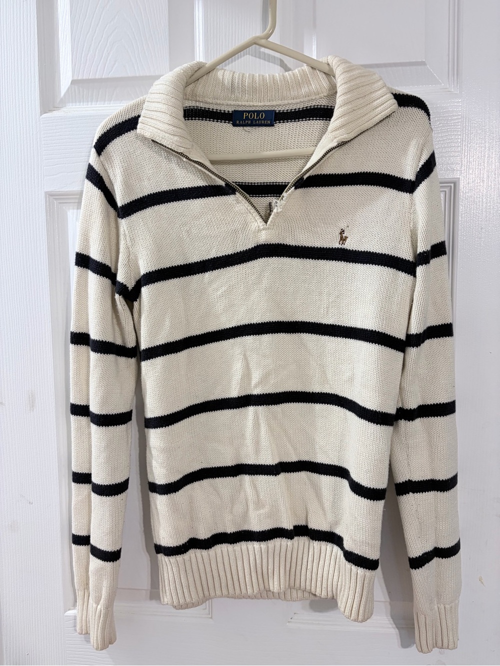 Polo Ralph Lauren Cream Black Striped Quarter Zip Knit Sweater